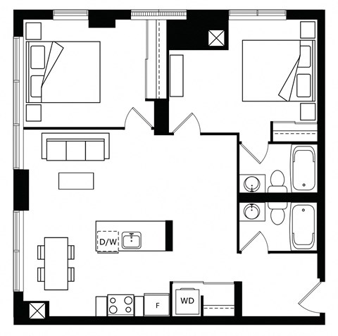 Floor plan for 2 beds, 2 baths, 989 sqft